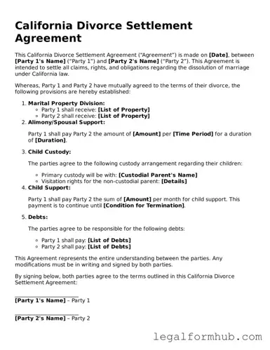 Free  Divorce Settlement Agreement Template for California