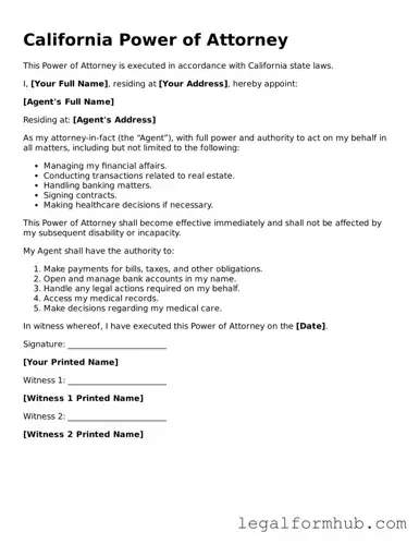 Free  Power of Attorney Template for California
