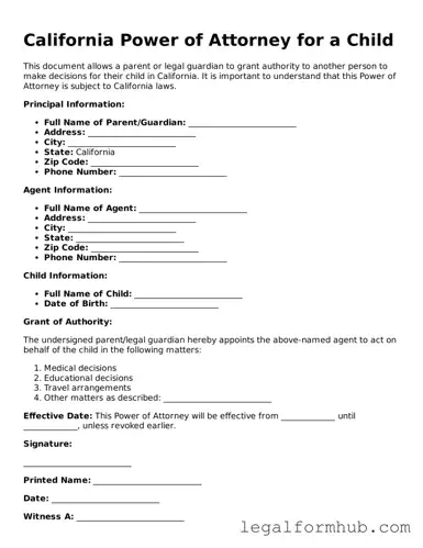 Free  Power of Attorney for a Child Template for California