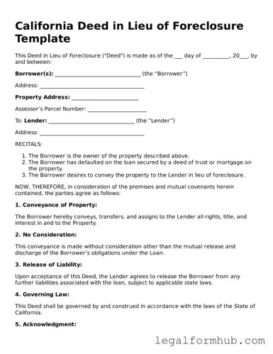 Free  Deed in Lieu of Foreclosure Template for California