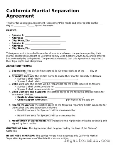 Free  Marital Separation Agreement Template for California