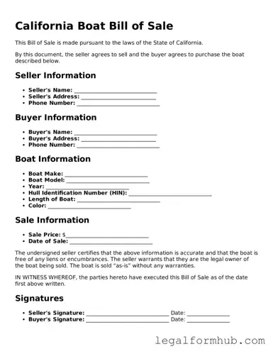 Free  Boat Bill of Sale Template for California