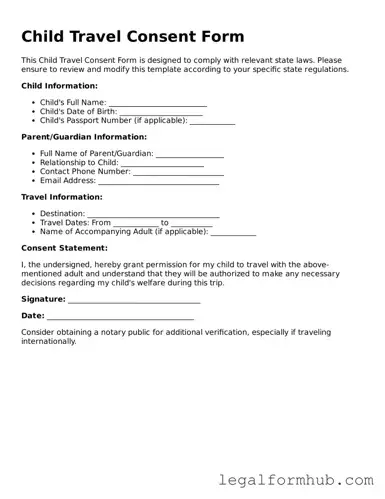 Printable Child Travel Consent Form Document