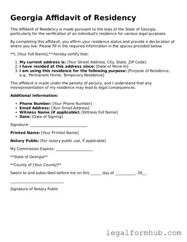 Free  Affidavit of Residency Template for Georgia