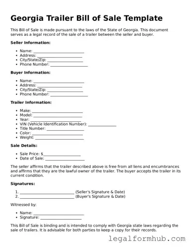 Free  Trailer Bill of Sale Template for Georgia
