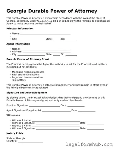 Free  Durable Power of Attorney Template for Georgia