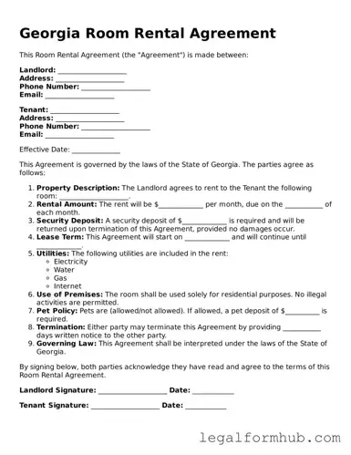 Free  Room Rental Agreement Template for Georgia