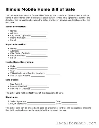 Free  Mobile Home Bill of Sale Template for Illinois