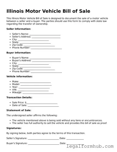 Free  Motor Vehicle Bill of Sale Template for Illinois