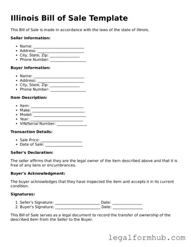 Free  Bill of Sale Template for Illinois