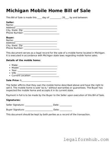Free  Mobile Home Bill of Sale Template for Michigan