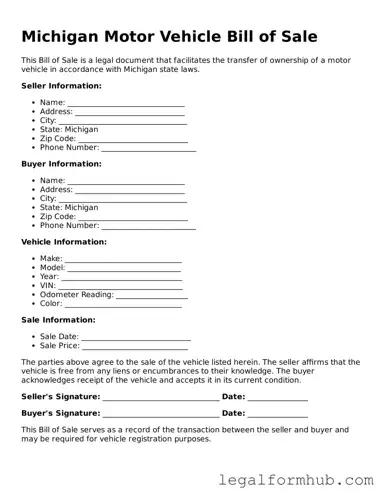 Free  Motor Vehicle Bill of Sale Template for Michigan