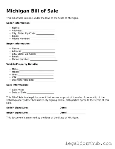 Free  Bill of Sale Template for Michigan