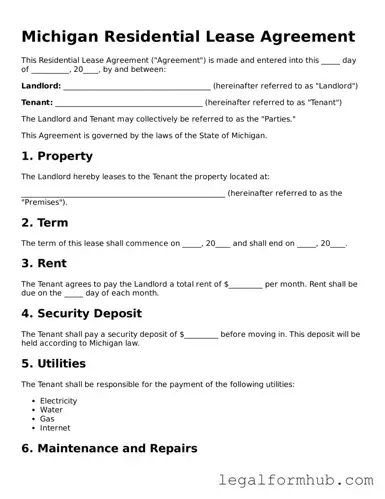 Free  Residential Lease Agreement Template for Michigan