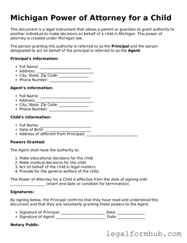 Free  Power of Attorney for a Child Template for Michigan