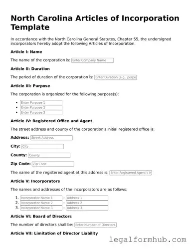 Free  Articles of Incorporation Template for North Carolina