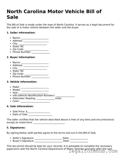 Free  Motor Vehicle Bill of Sale Template for North Carolina