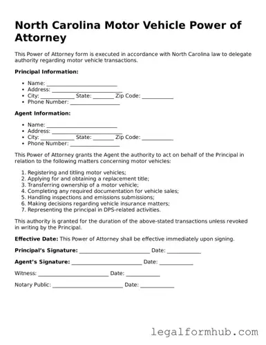Free  Motor Vehicle Power of Attorney Template for North Carolina