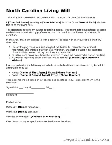 Free  Living Will Template for North Carolina