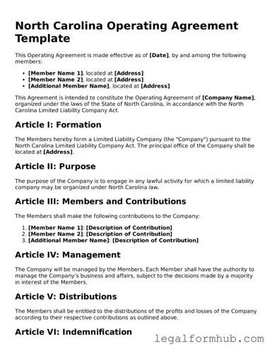 Free  Operating Agreement Template for North Carolina