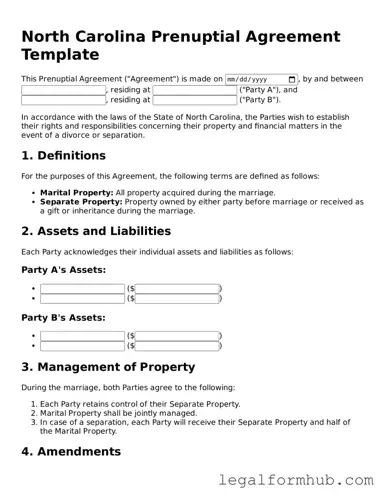 Free  Prenuptial Agreement Template for North Carolina