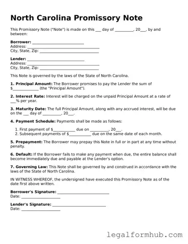 Free  Promissory Note Template for North Carolina