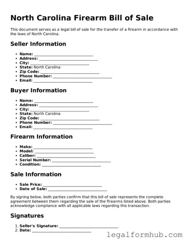 Free  Firearm Bill of Sale Template for North Carolina