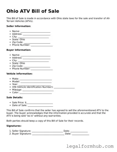 Free  ATV Bill of Sale Template for Ohio