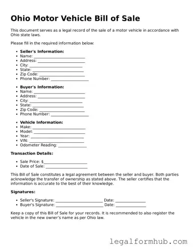 Free  Motor Vehicle Bill of Sale Template for Ohio