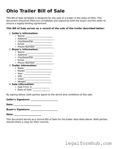 Free  Trailer Bill of Sale Template for Ohio