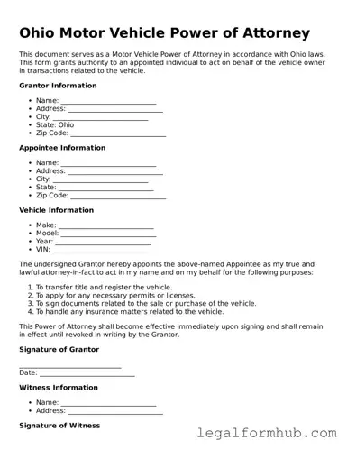 Free  Motor Vehicle Power of Attorney Template for Ohio