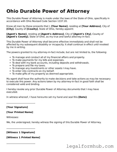 Free  Durable Power of Attorney Template for Ohio