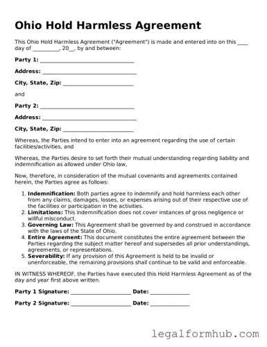 Free  Hold Harmless Agreement Template for Ohio