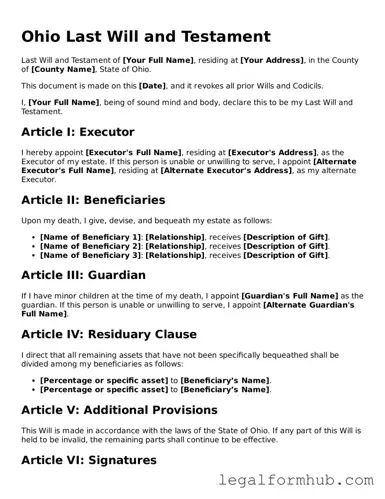 Free  Last Will and Testament Template for Ohio
