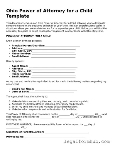Free  Power of Attorney for a Child Template for Ohio