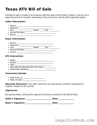 Free  ATV Bill of Sale Template for Texas