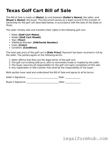 Free  Golf Cart Bill of Sale Template for Texas