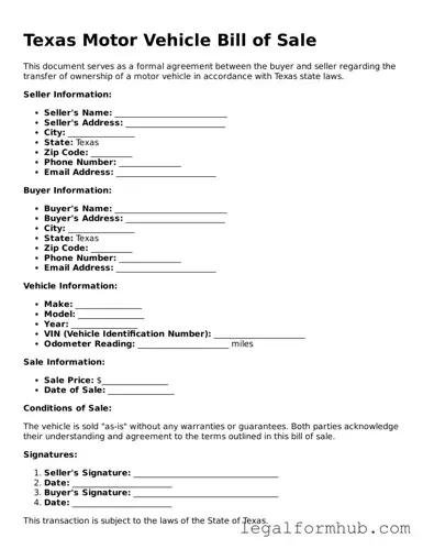 Free  Motor Vehicle Bill of Sale Template for Texas