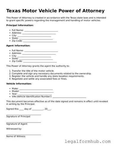 Free  Motor Vehicle Power of Attorney Template for Texas