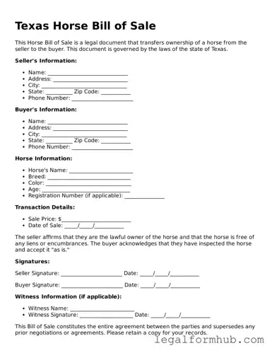 Free  Horse Bill of Sale Template for Texas