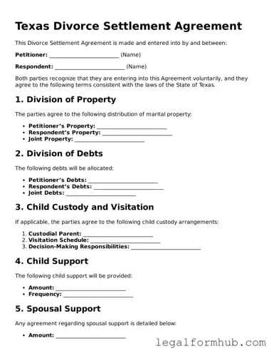 Free  Divorce Settlement Agreement Template for Texas