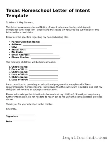 Free  Homeschool Letter of Intent Template for Texas