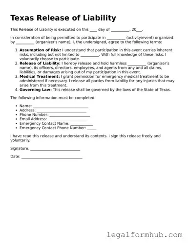 Free  Release of Liability Template for Texas