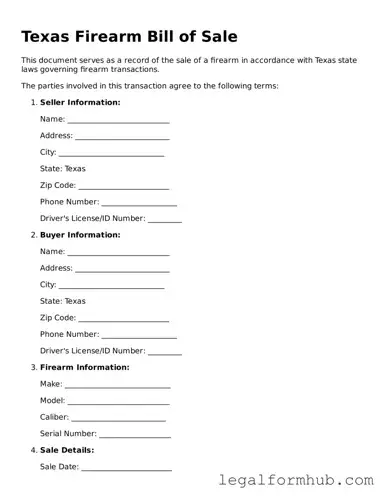 Free  Firearm Bill of Sale Template for Texas