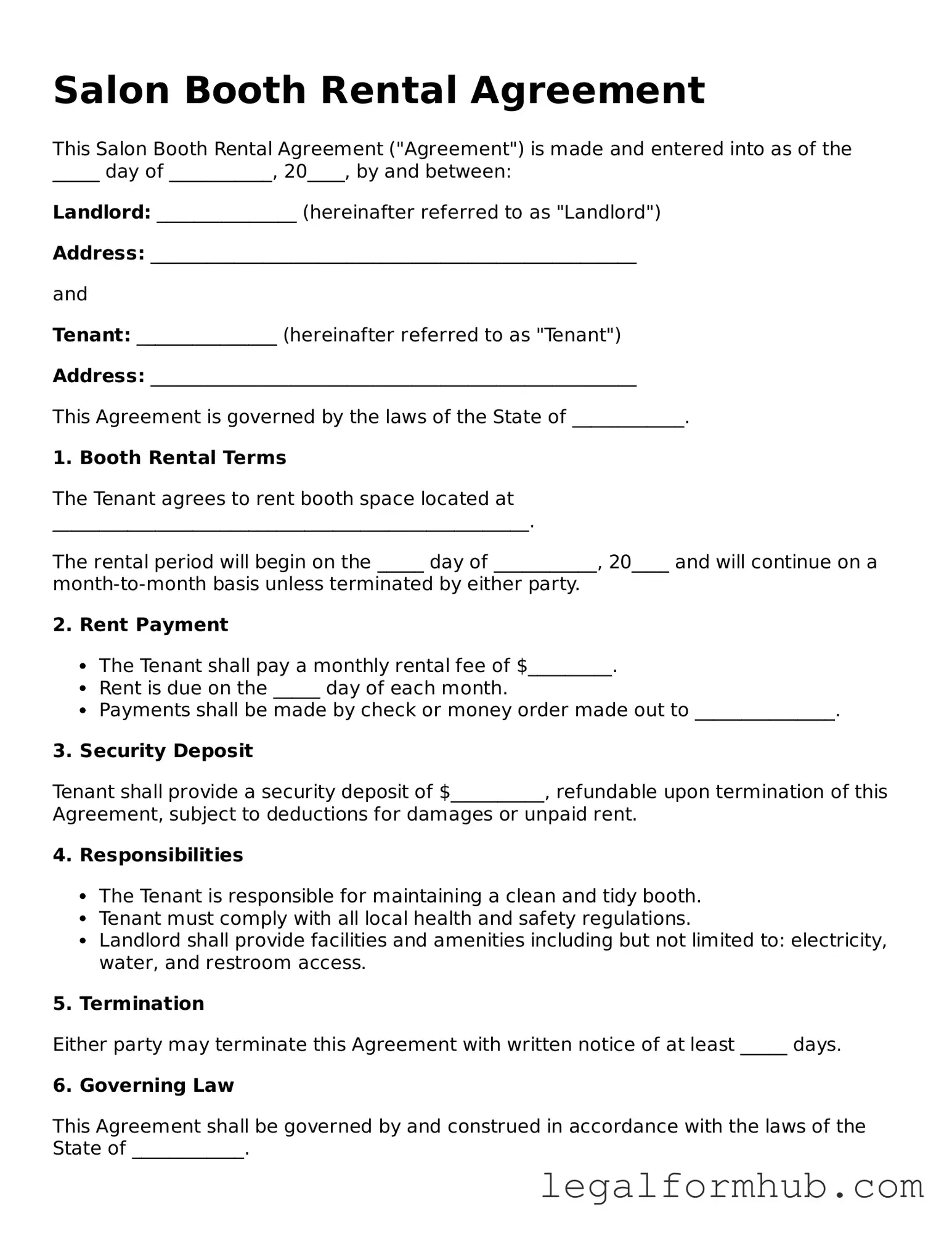 Printable Salon Booth Rental Agreement Document