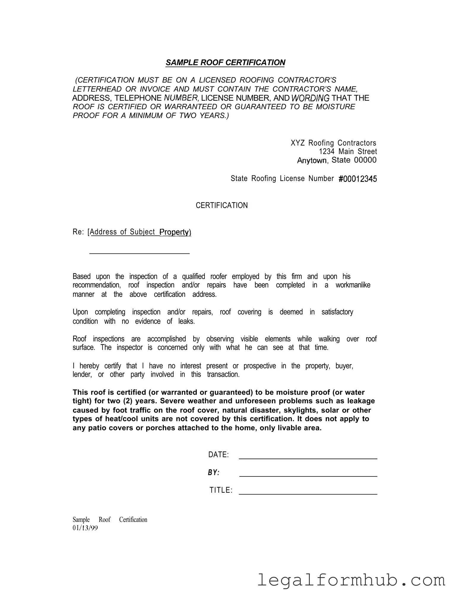 Fill Your Sample Roof Certification Form