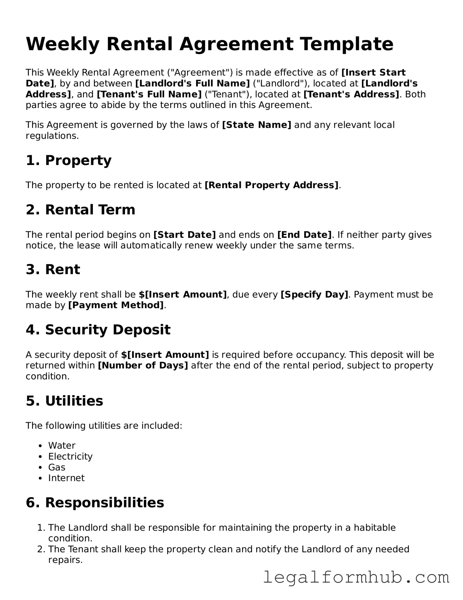 Printable Weekly Rental Agreement Document