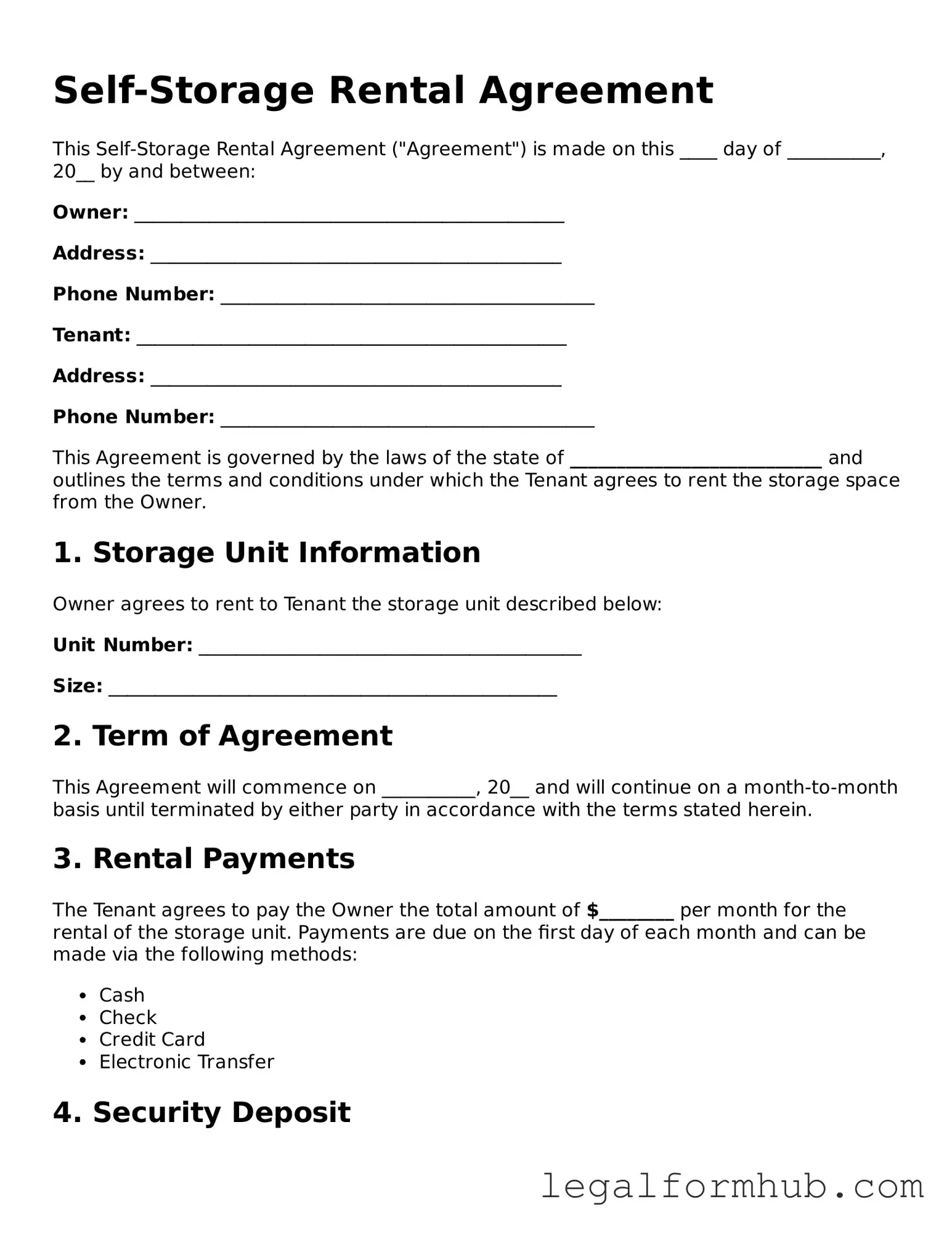Printable Self-Storage Rental Agreement Document