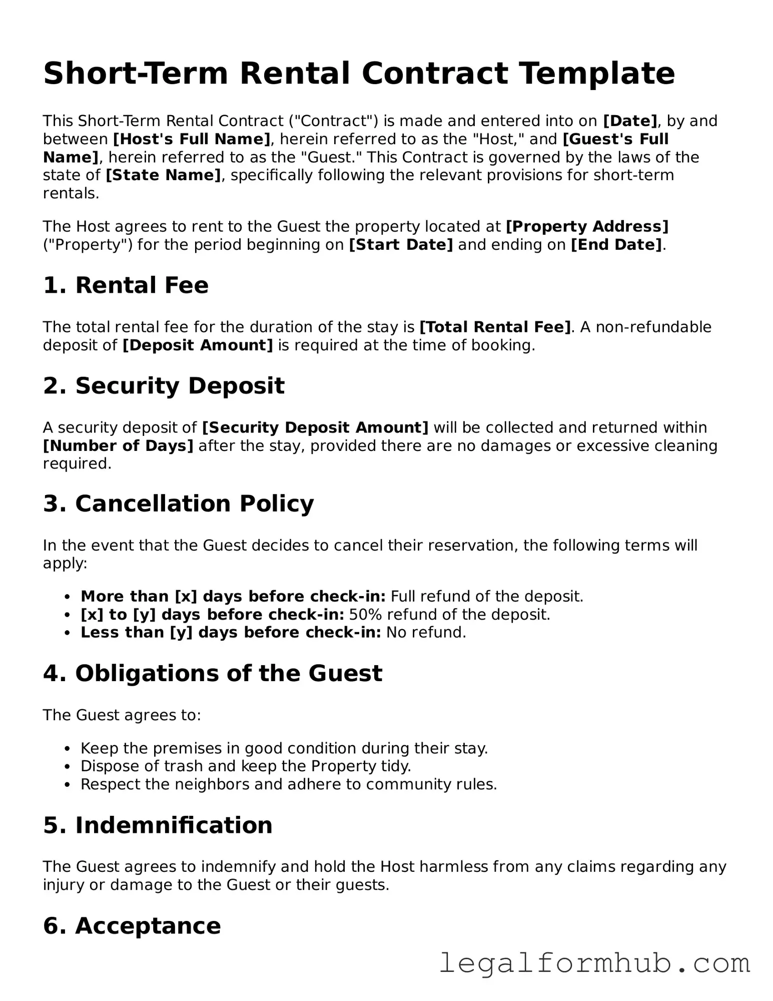 Printable Short-Term Rental Contract Document
