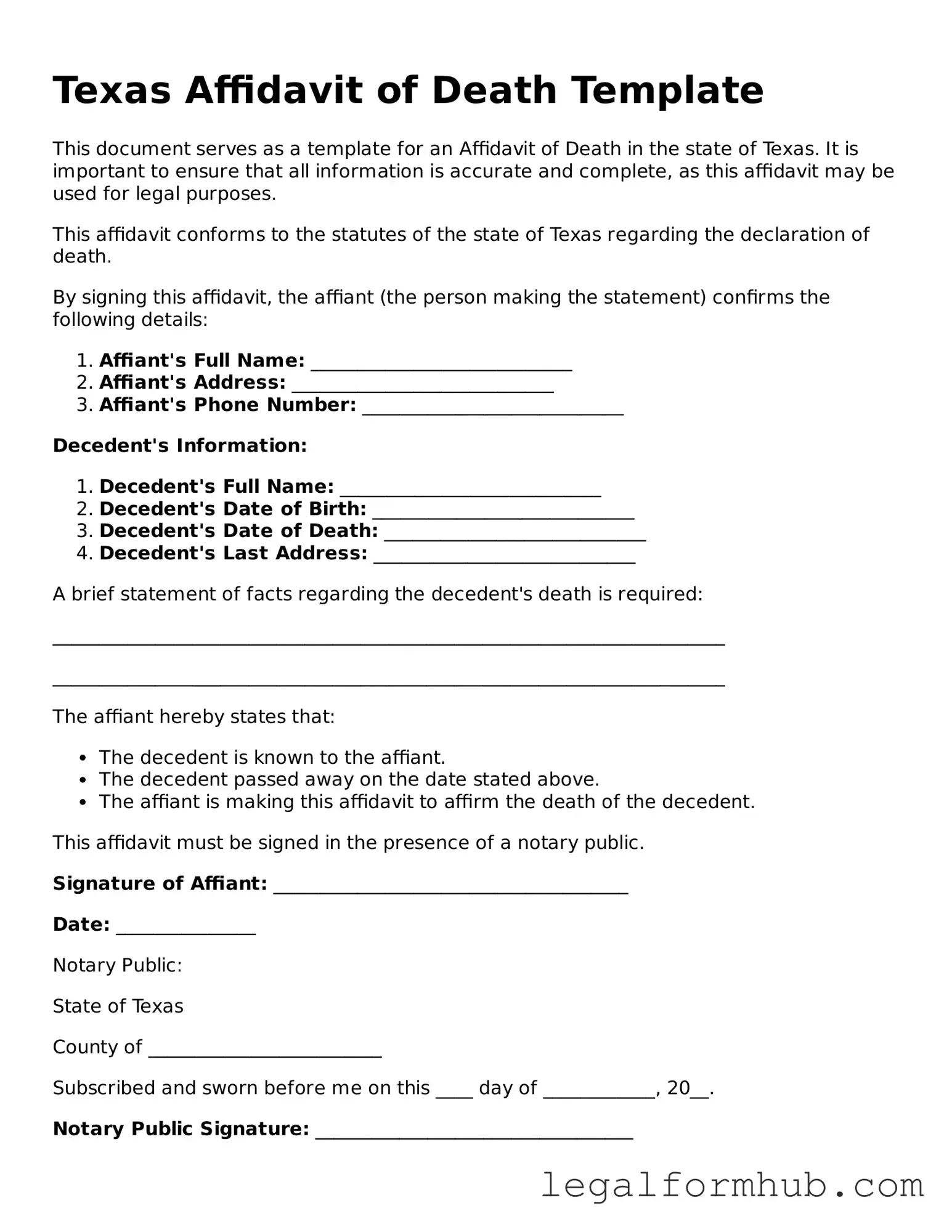 Free  Affidavit of Death Template for Texas